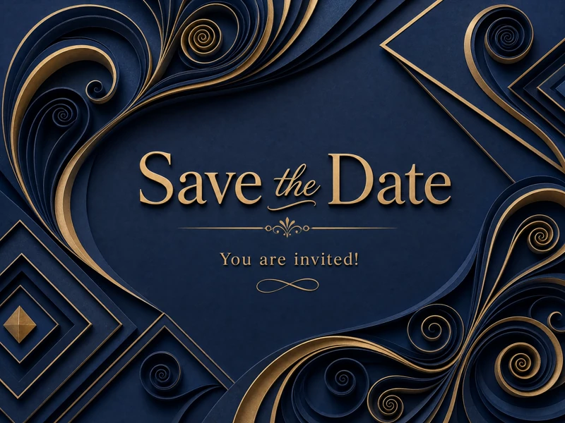 Chic Elegance — Save The Date, Blue And Gold, Quilling, Paper