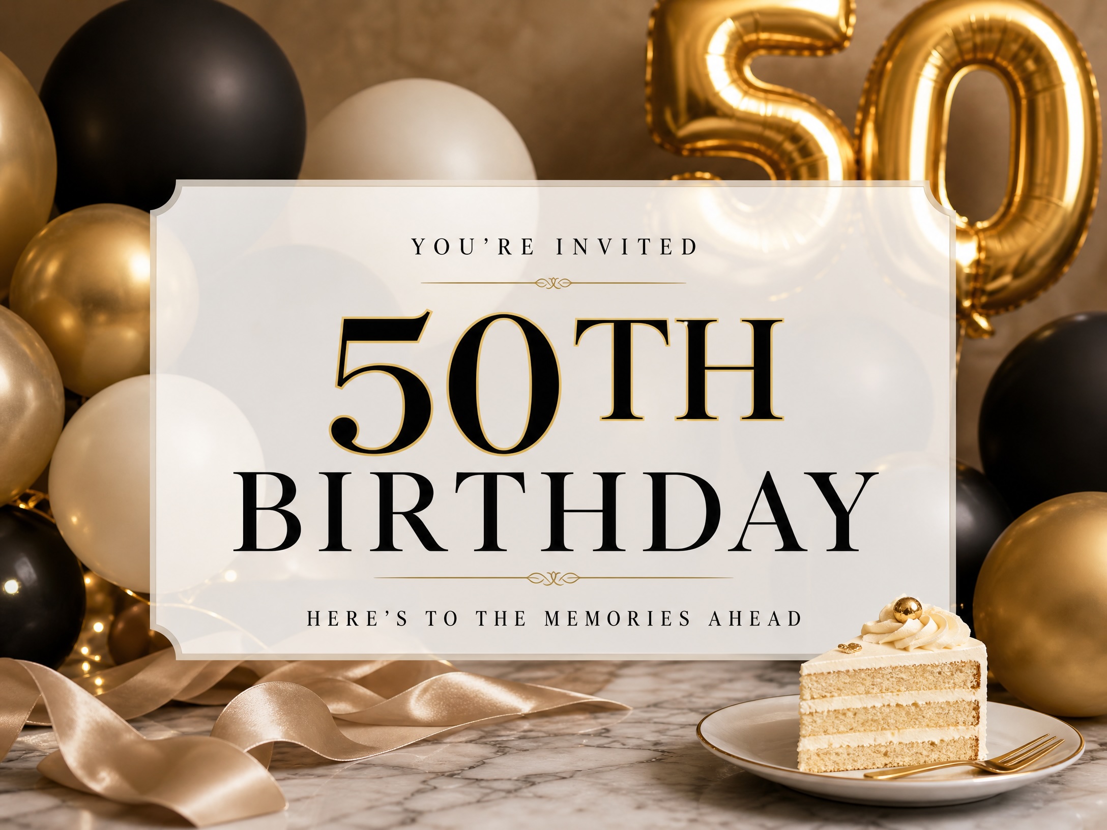 Milestone Party — 50th Birthday, Balloons, Cake, Black and Gold