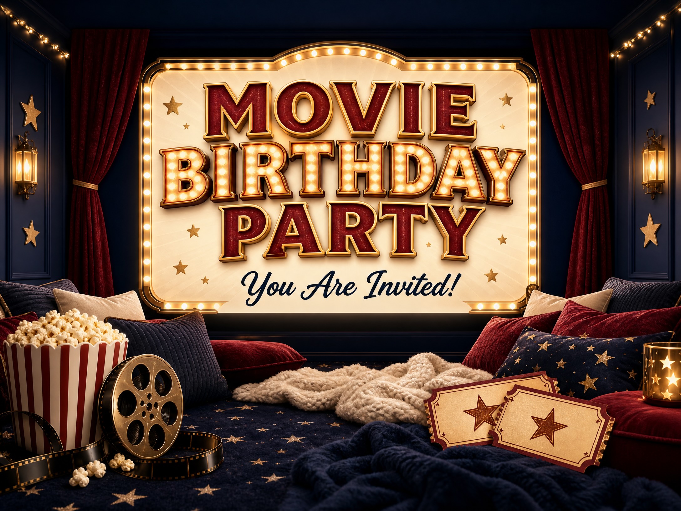 Movie Birthday Party Invitation — Movie Birthday, Popcorn, Movie Theater