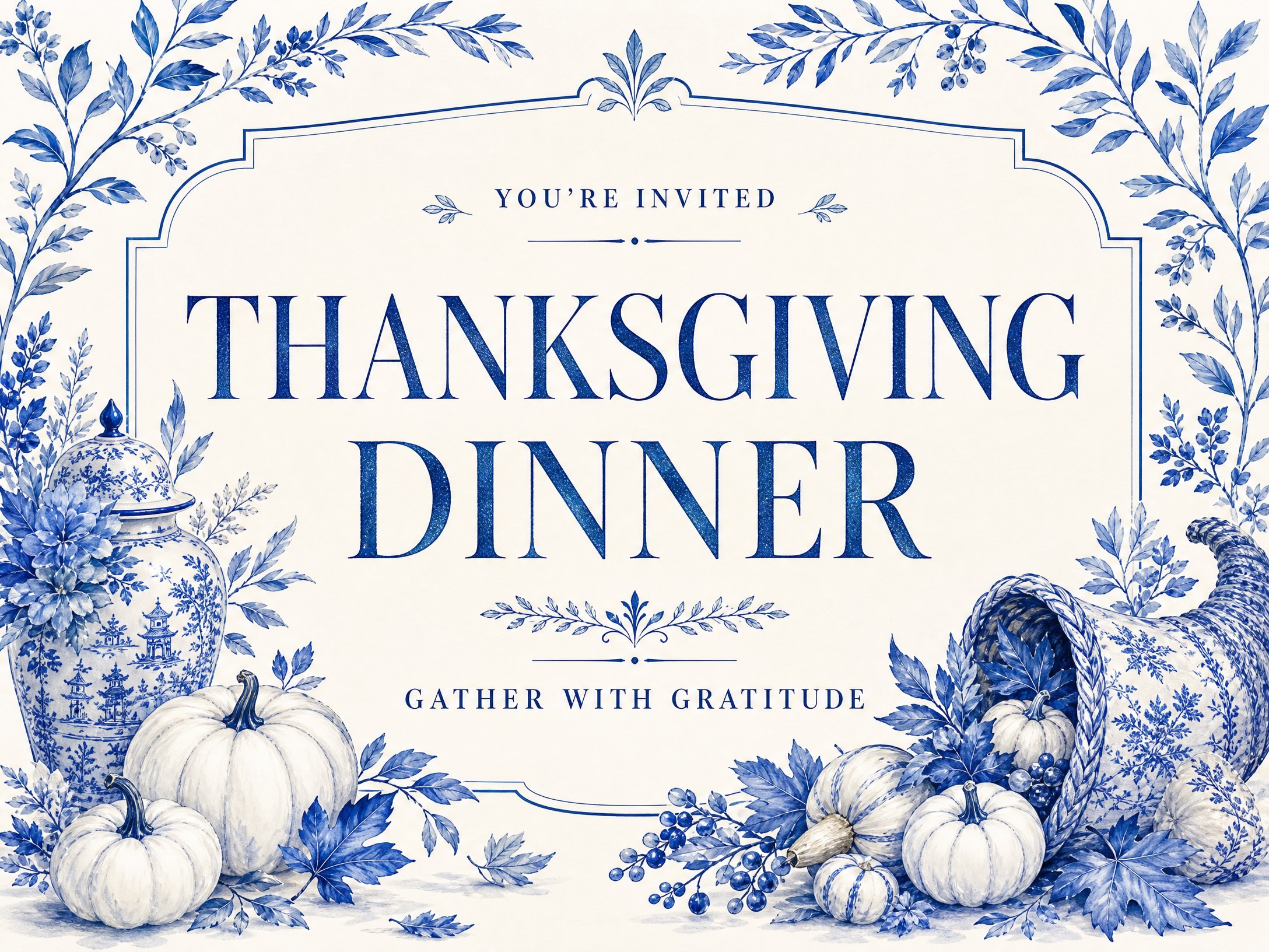 Gather With Gratitude — Thanksgiving, Dinner, Blue And White, Invitation