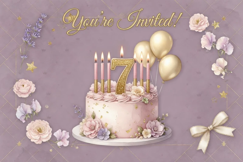 Beautiful Seven — 7th Birthday, Seventh, Cake, Candles, Purple