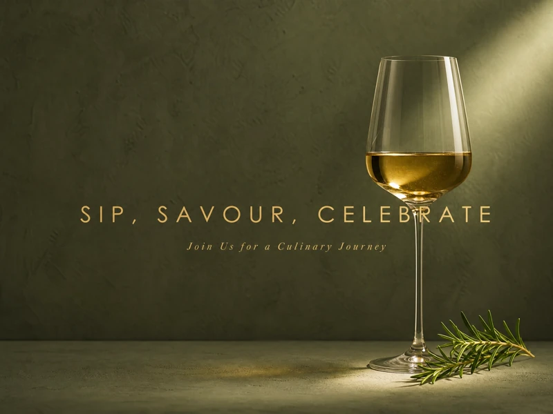 Sip, Savour, Celebrate — Dinner Party, White Wine, Rosemary, Minimalistic