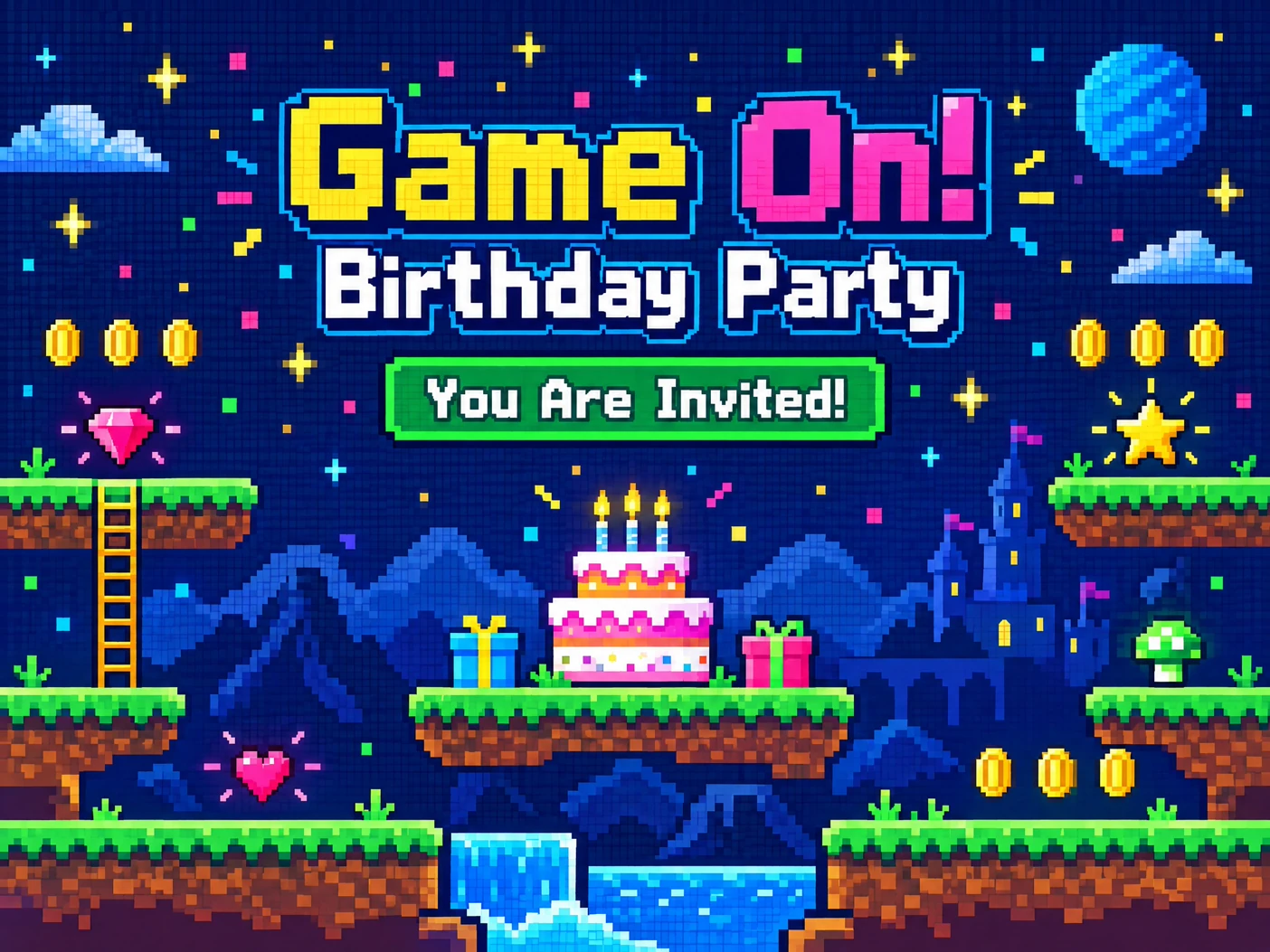 Pixel Perfect Fun — Game On, Video Game, Video Game Themed Birthday, Digital Invitation