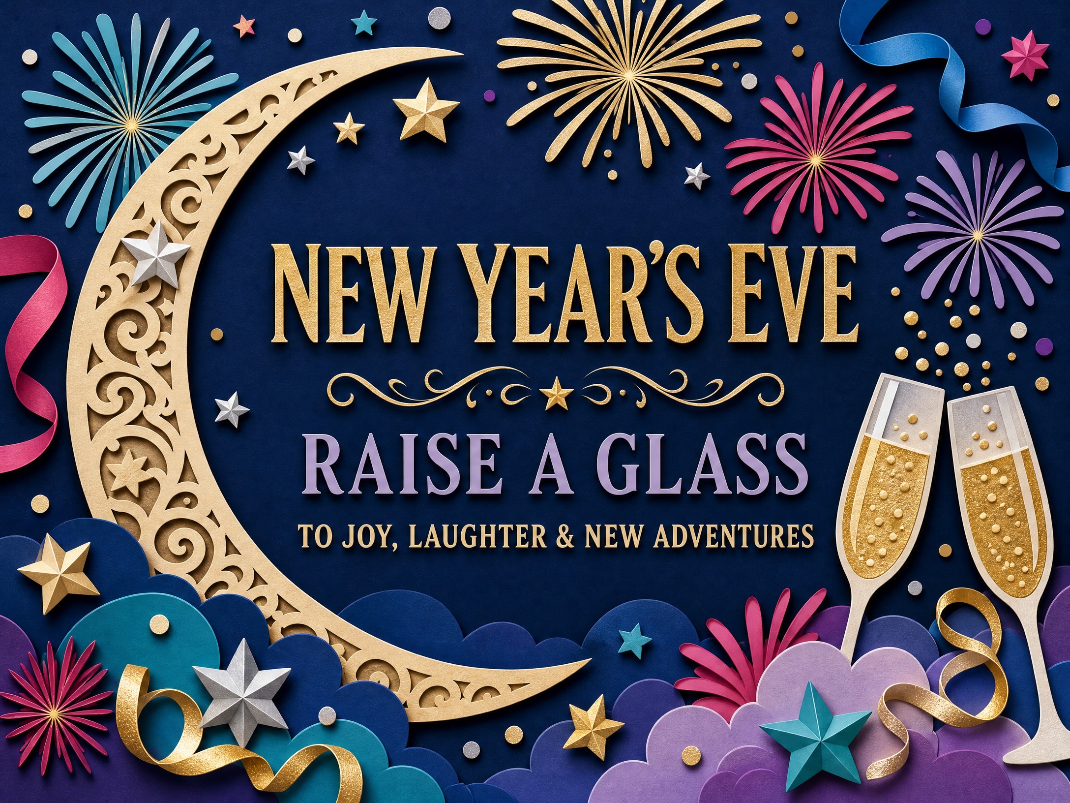 Papercut New Beginnings — New Years Eve Party, Invitation, Champagne, Shadowbox Art