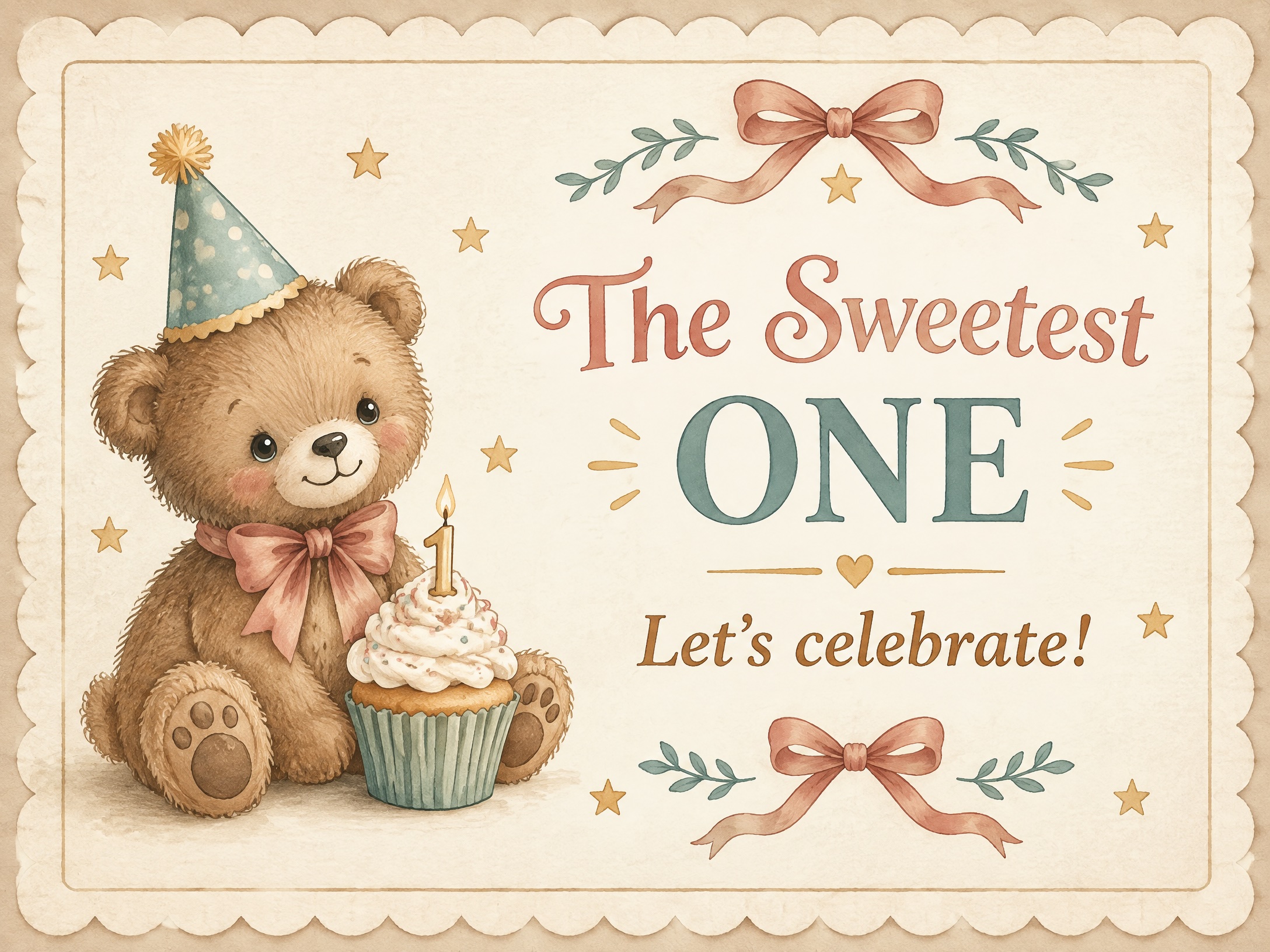 The Sweetest One — Teddy Bear, First Birthday, Sweet One, Cupcake, 1st Birthday Invitation