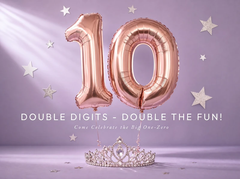 Double The Fabulous — 10th Birthday, Balloon, Stars, Purple, Crown, Queen