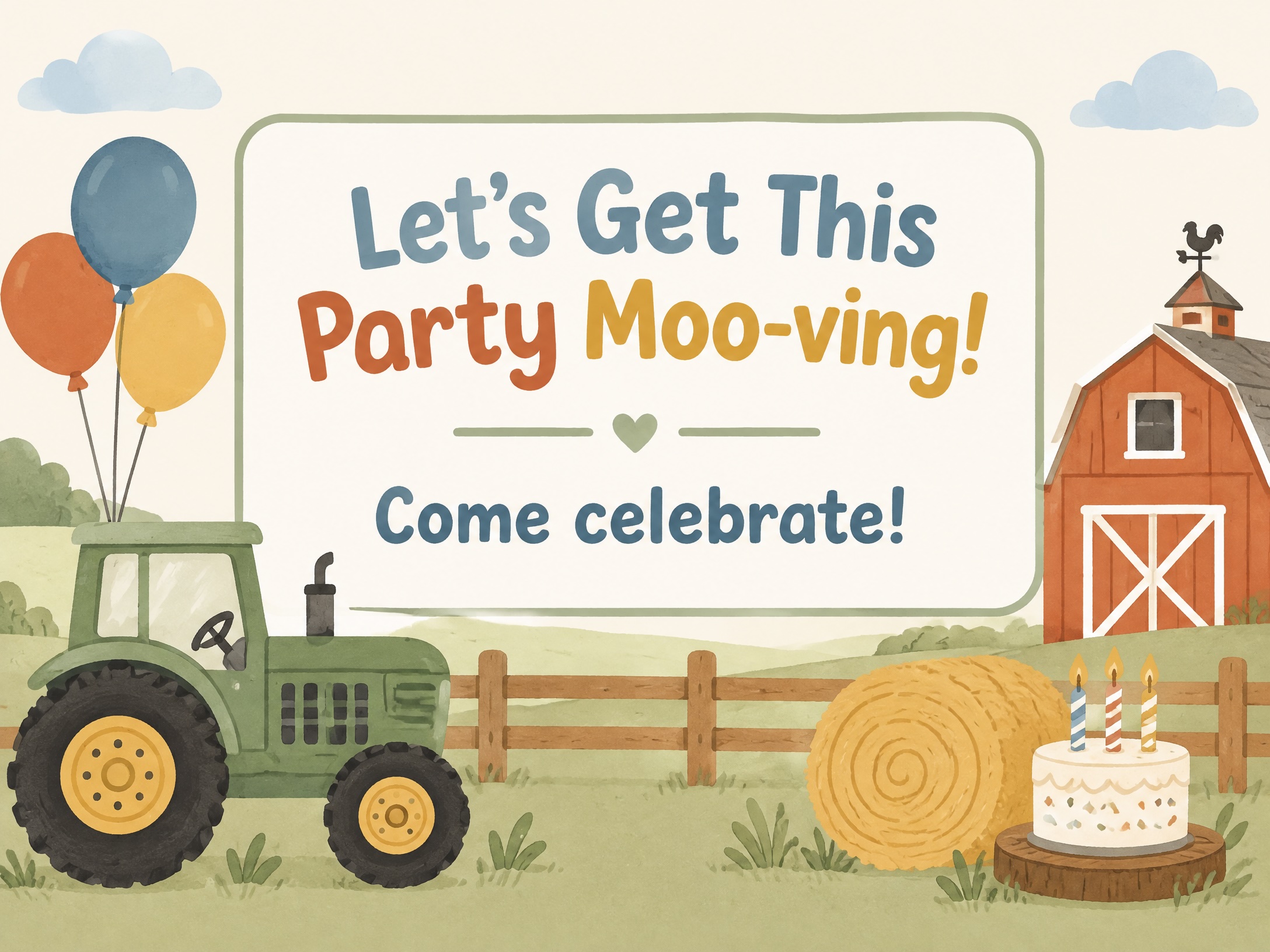 Let's Get This Party Moo-ving! — Farm, Tractor, Kids Birthday Invitation