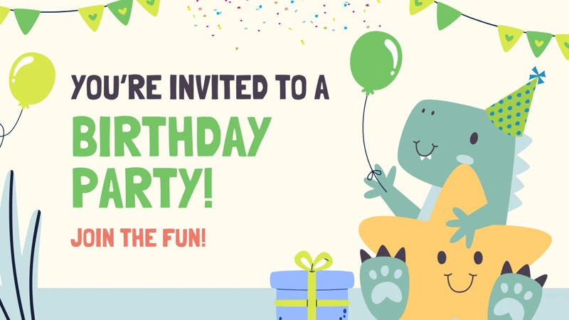 T-Rex Celebration — Dinosaur Birthday, Balloons, Star, Confetti