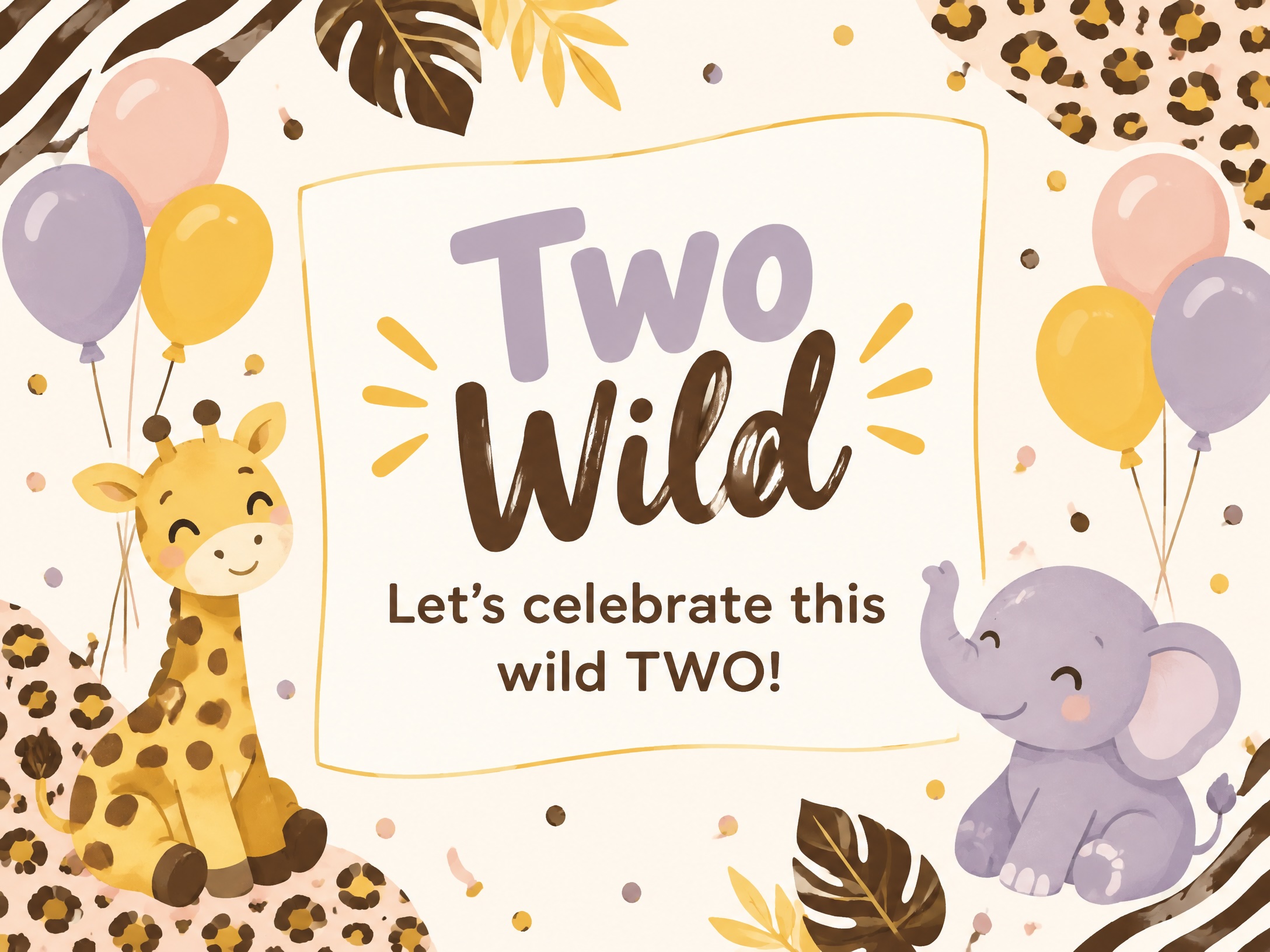Two Wild Turning Two — 2nd Birthday, Two Wild, Giraffe, Elephant, Chita, Second Birthday Invite