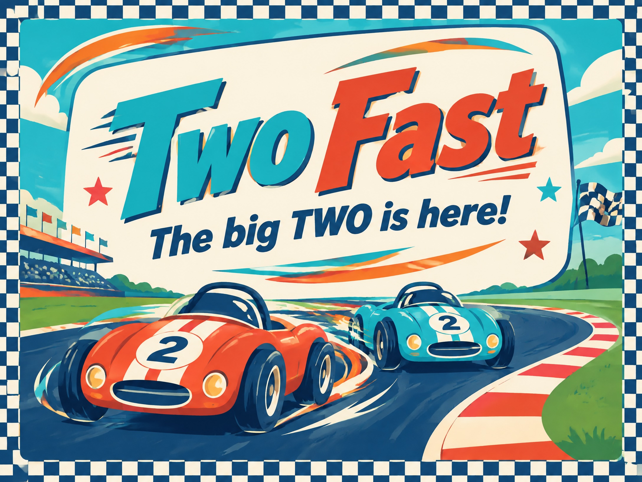 The Big Two Is Here — Two Fast, 2nd Birthday, Second Birthday Invitation, Race Track, Race Car