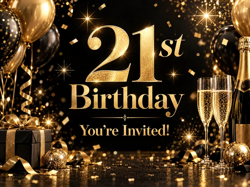 Cheers To 21 — 21st Birthday, Black and Gold, Digital Invitation, Champagne