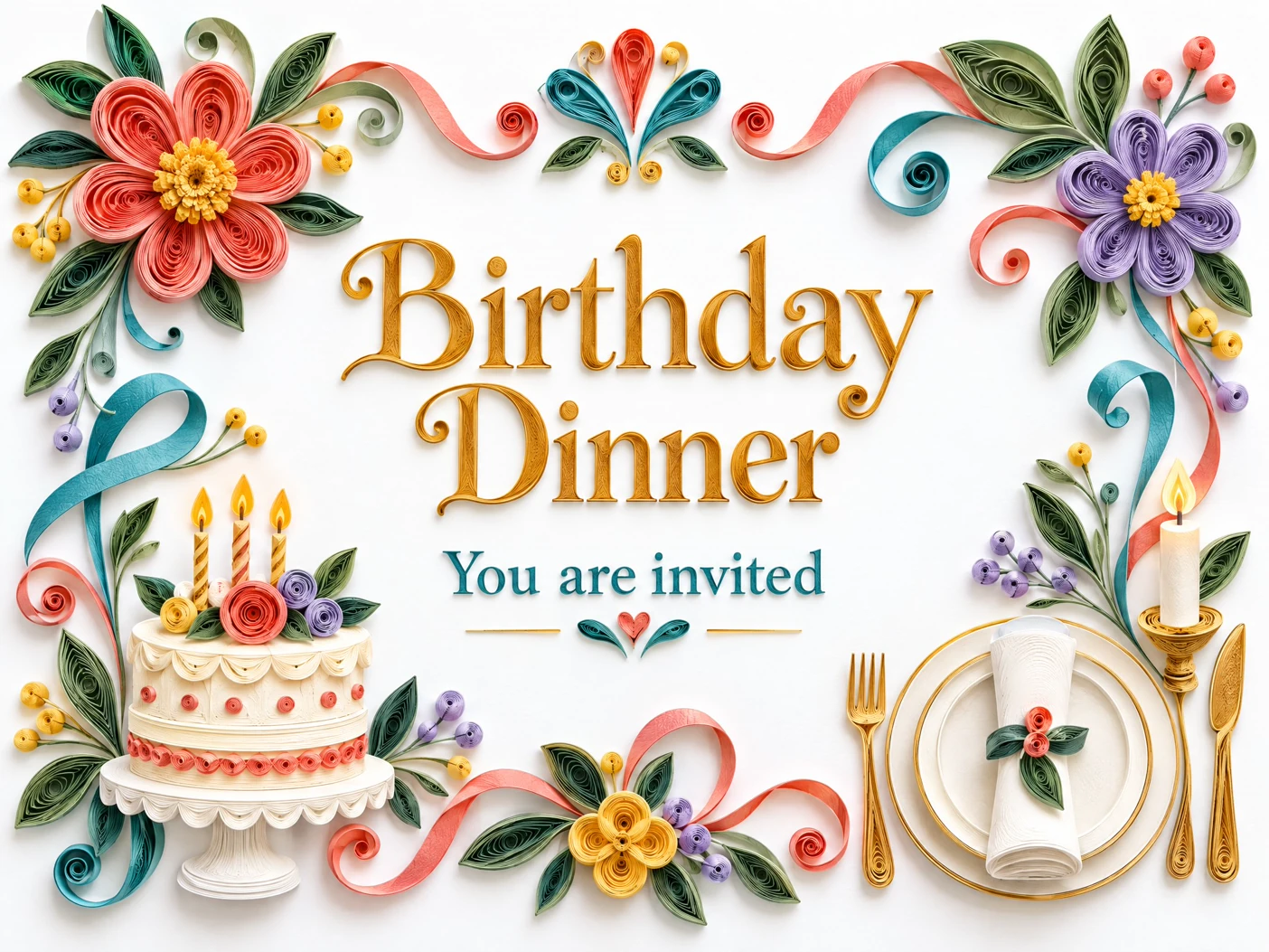 Cake And Conversations — Birthday Dinner, Cake, Flowers, Quilling, Paper, Digital Invitation
