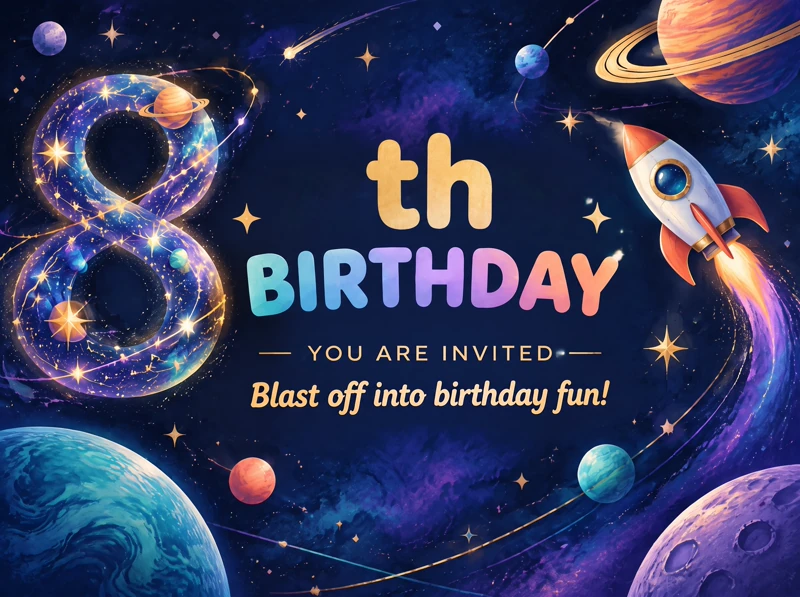 8th Blast Off Into Fun — 8th Birthday, Space, Rocket Ship, Planets, Astronaut