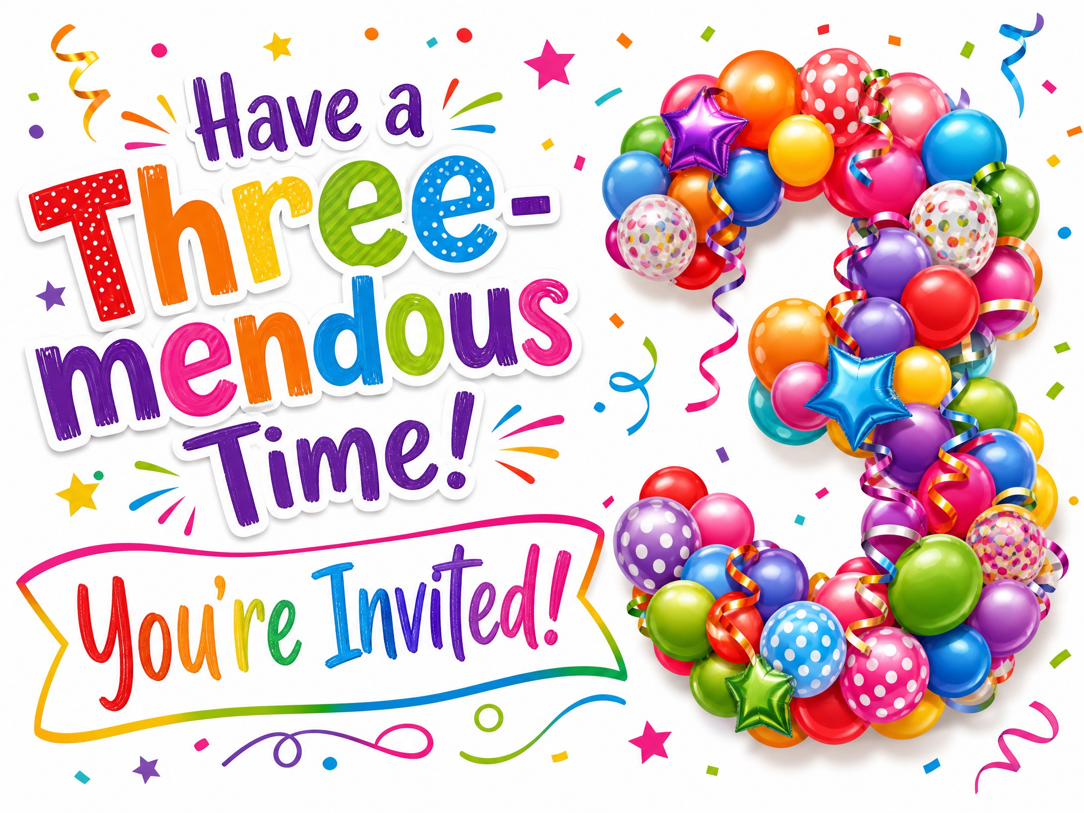 Three-mendous Celebration — Third Birthday, 3d, Balloons, Colorful, Rainbow