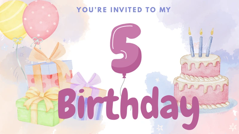 Watercolor Melody — Five, Fifth, 5th Birthday, Watercolor, Cake, Presents, Balloons
