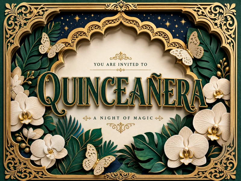 Framed in Gold — Quinceanera, 15th, Green, Shadow Box Art, Flowers