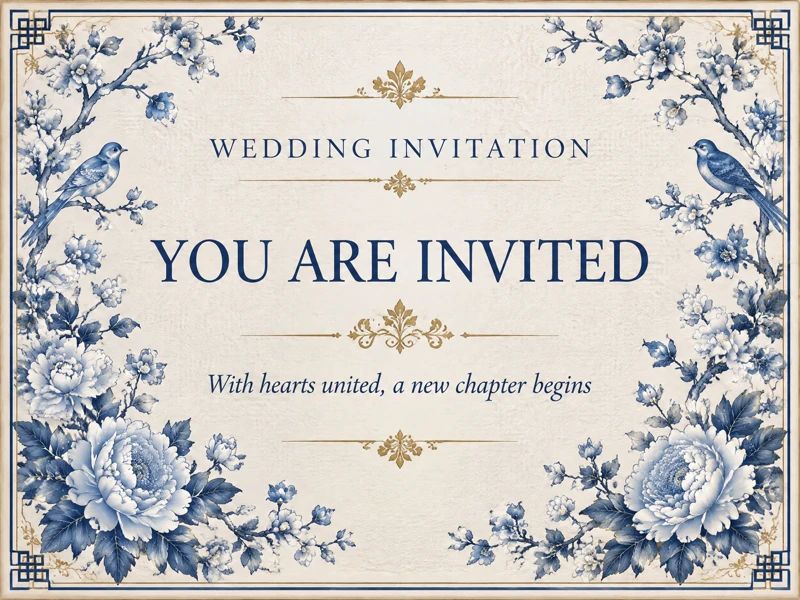 Wedding In Tradition — Wedding Invitation, Blue and White, Floral, Flowers, Retro, Classic
