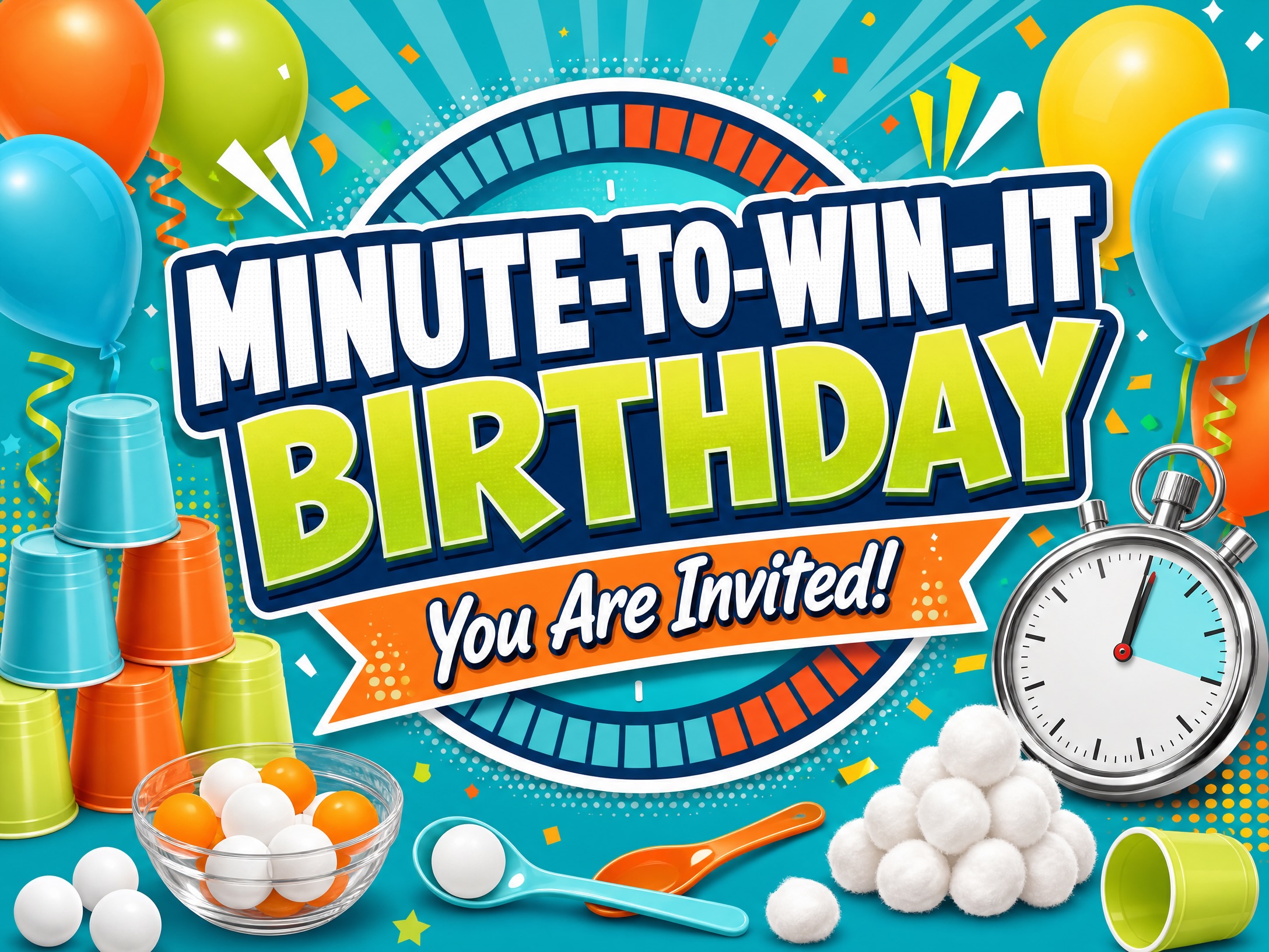 Minute-To-Win-It Birthday Party Invitation — Game Birthday, Minute-To-Win-It Birthday