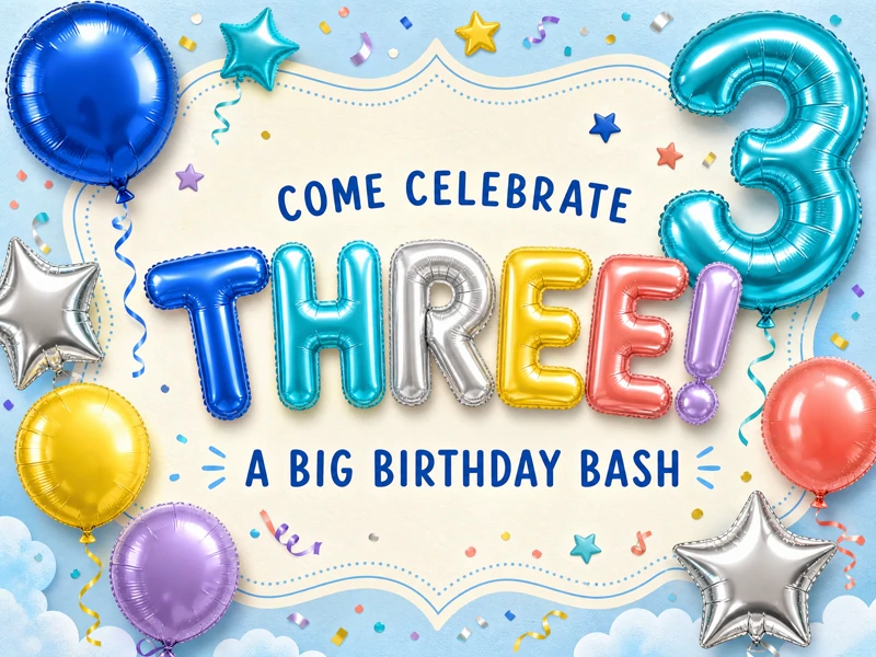 Celebrating Three — Third Birthday, Foil Balloons, Blue, 3d
