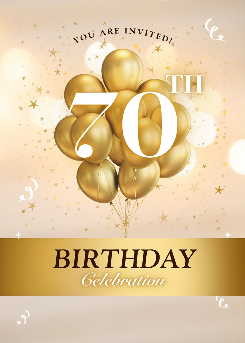 70th Milestone — 70th Birthday, Gold, Balloons, Confetti