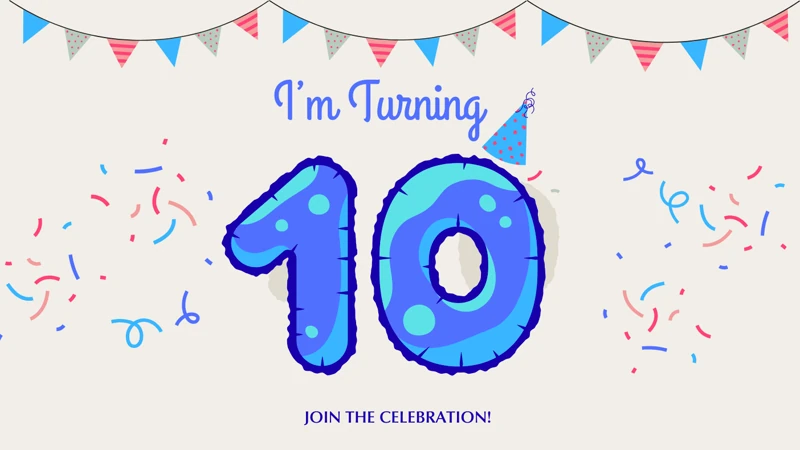 Double Digit Fun — Ten, 10th Birthday, Blue, Confetti, Party Hat