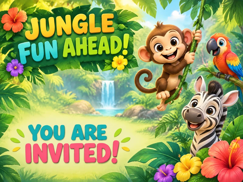 Jungle Fun Ahead — Safari, Birthday Invitation, Jungle, Monkey, Zebra, Parrot