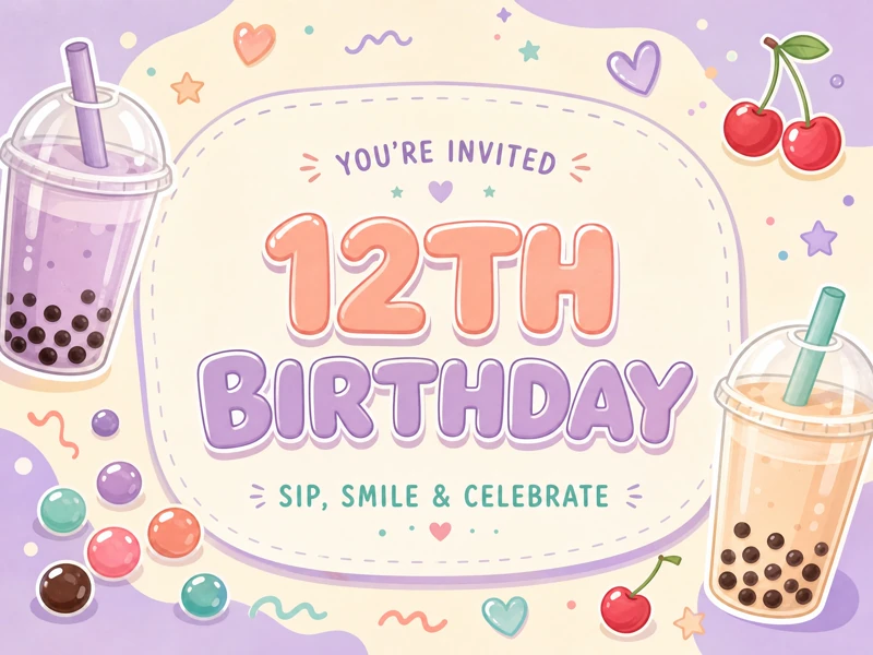 Boba Tea Lovers — 12th Birthday, Invitation, Purple, Boba Tea, Milk Tea