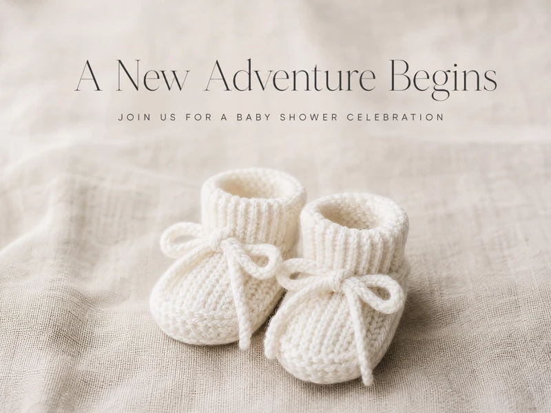 A New Adventure Begins — Baby Shower Invitation, White, Baby Shoes, Minimalistic