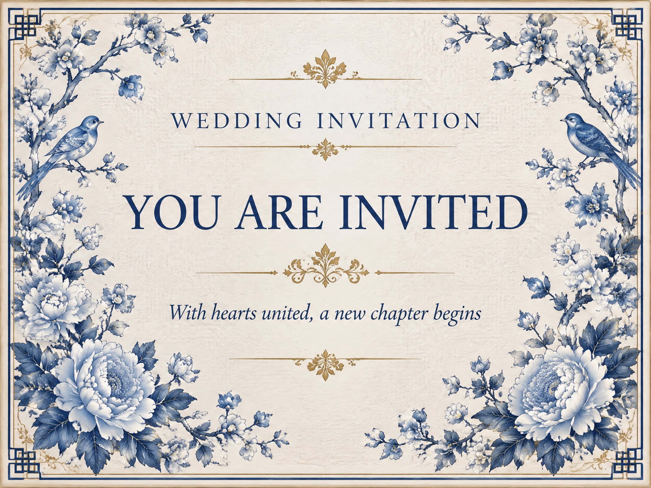 Wedding In Tradition — Wedding Invitation, Blue and White, Floral, Flowers, Retro, Classic