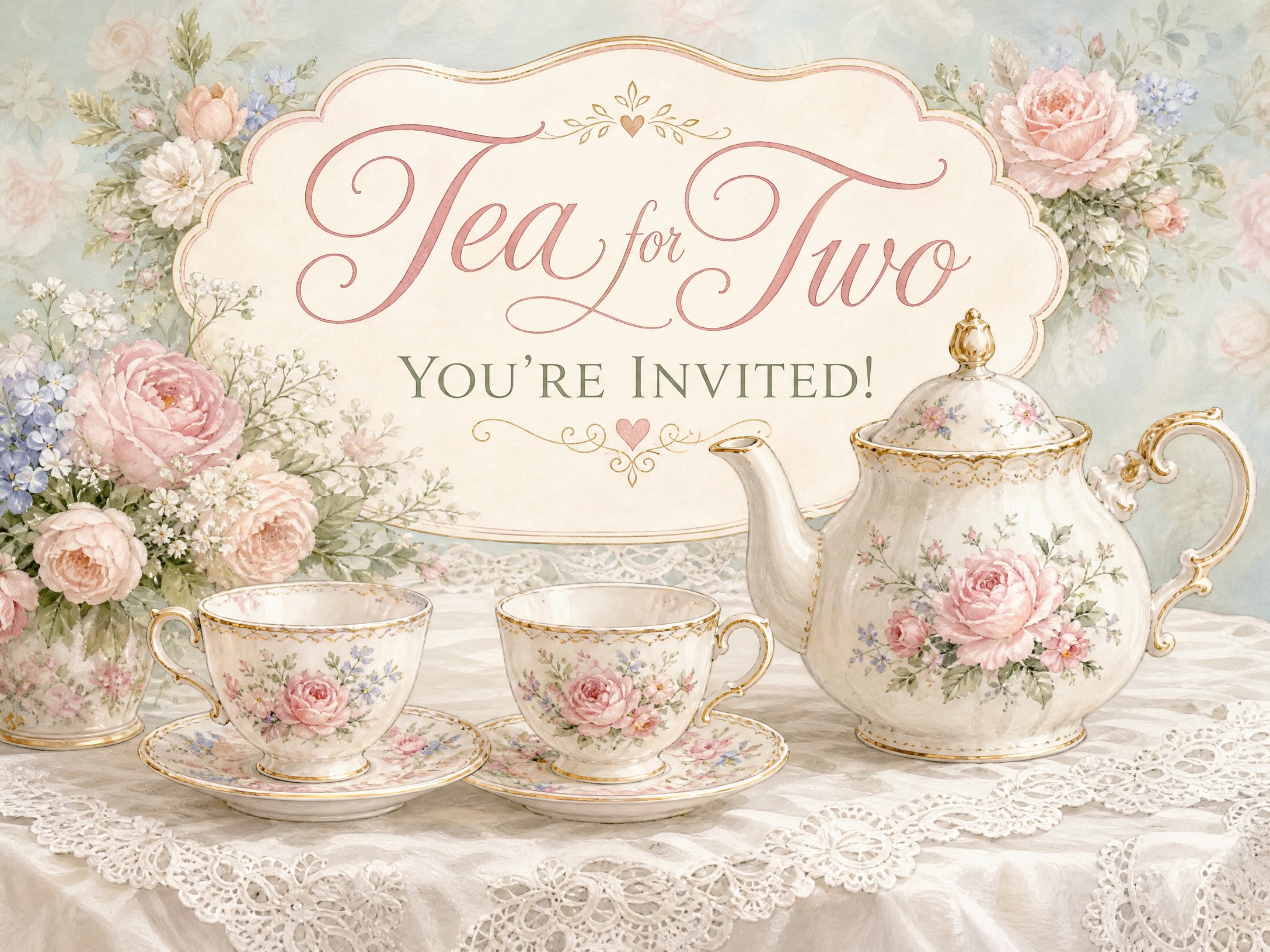 Tea For Two Invitation — 2nd Birthday, Tea Party, Second, Elegant