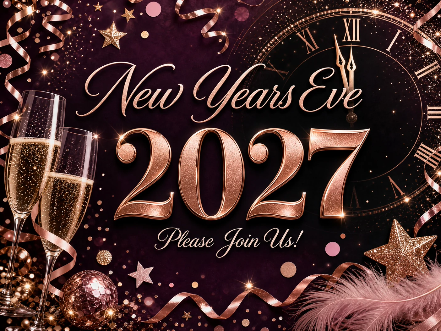 2027 Is Here — New Years Eve Party, Pink Champagne, Fireworks, 2027
