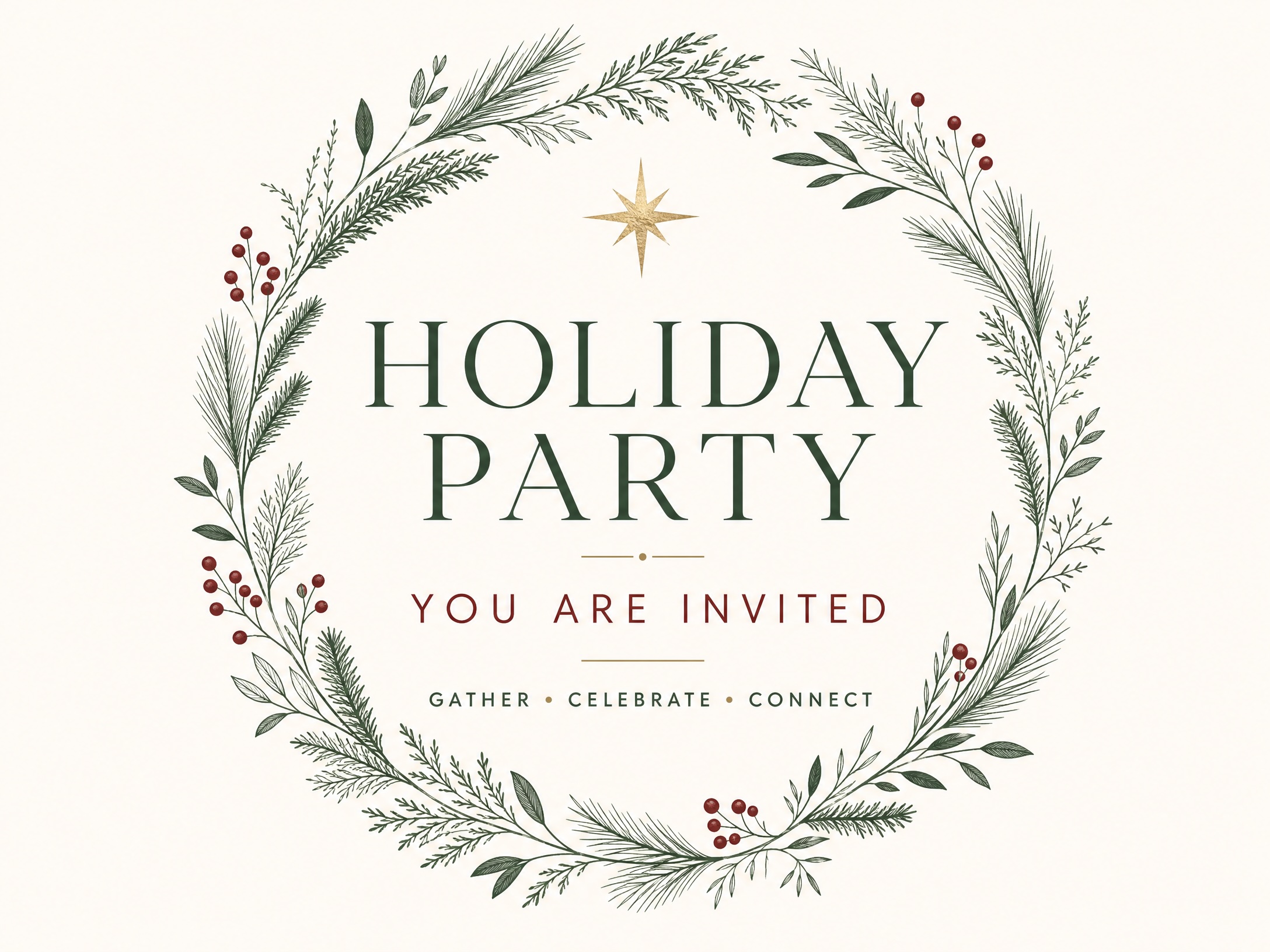 Evergreen Wishes — Holiday Party, Green And Red, Wreath