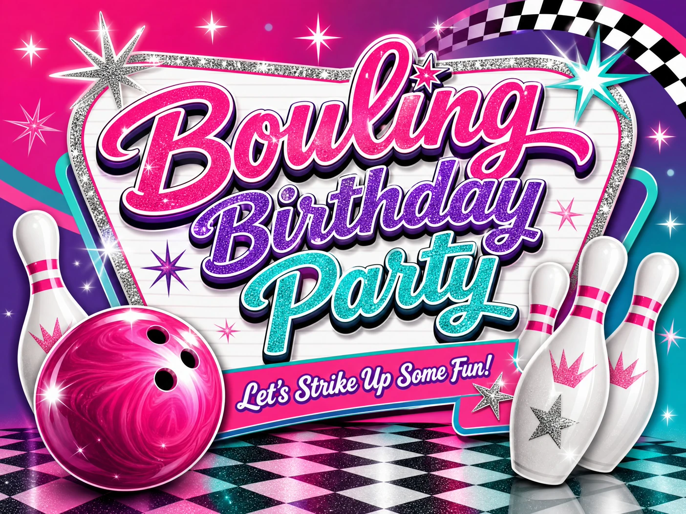 Strike Up Some Fun — Bowling Birthday, Pink, Glitter, Bowling Ball and Pins